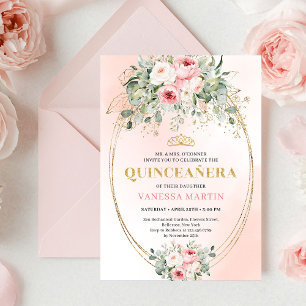 Convite de Quinceañera Boho Rosa Dourado Elegante
