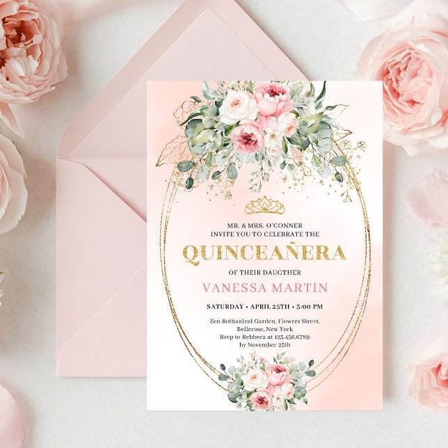 Convite de Quinceañera Boho Rosa Dourado Elegante (Elegant Rose Gold Blush Boho Quinceañera Invitation)