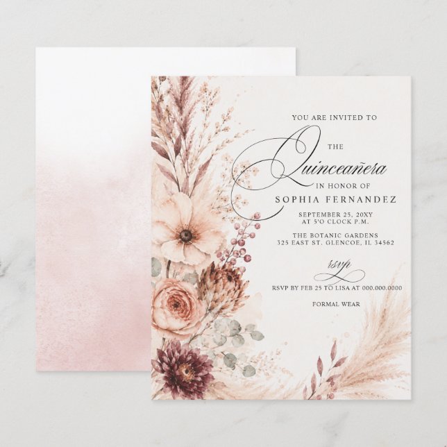 Convite de Quinceanera Boho Terracotta Pampas Econ (Frente/Verso)
