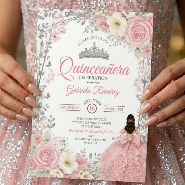 Convite de Quinceañera Borboleta Prata Rosa Corada (Criador carregado)