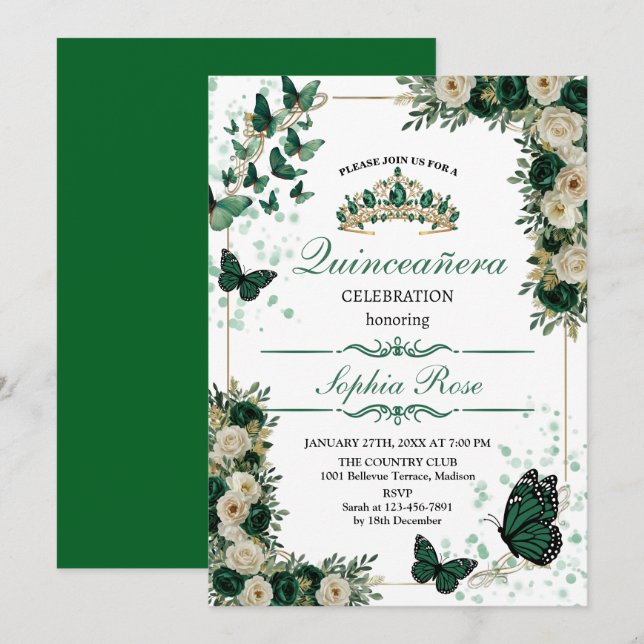 Convite de Quinceañera Borboleta Verde Esmeralda (Frente/Verso)