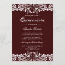Convite de Quinceanera Borgonha com Renda Branca V
