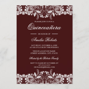 Convite de Quinceanera Borgonha com Renda Branca V