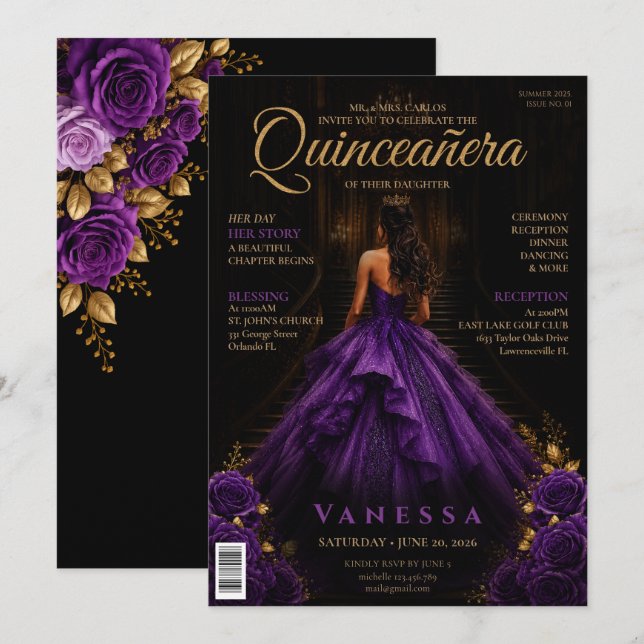 Convite de Quinceanera Capa de Revista Elegante (Frente/Verso)