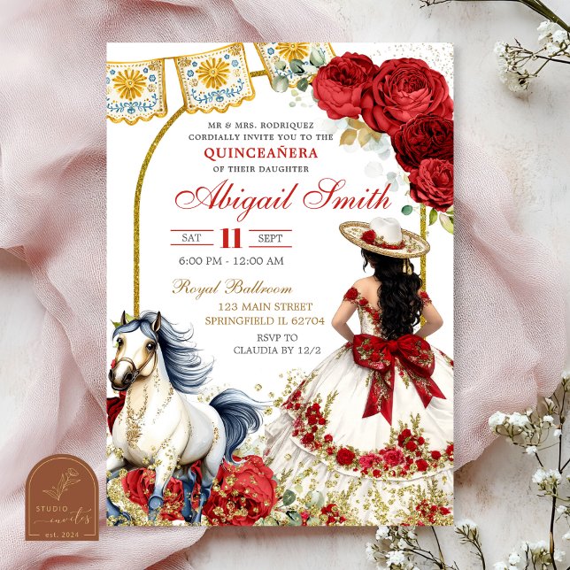 Convite de Quinceanera Charra com Rosa Branca e Ve (Criador carregado)