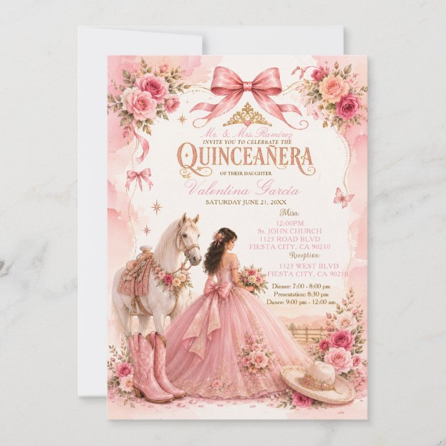 Convite de Quinceañera Charra Rosa Cavalo Ocidenta (Frente)
