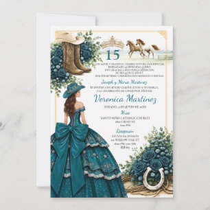 Convite de Quinceañera Charra Verde com botas west
