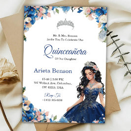 Convite de Quinceañera com acentos florais azuis
