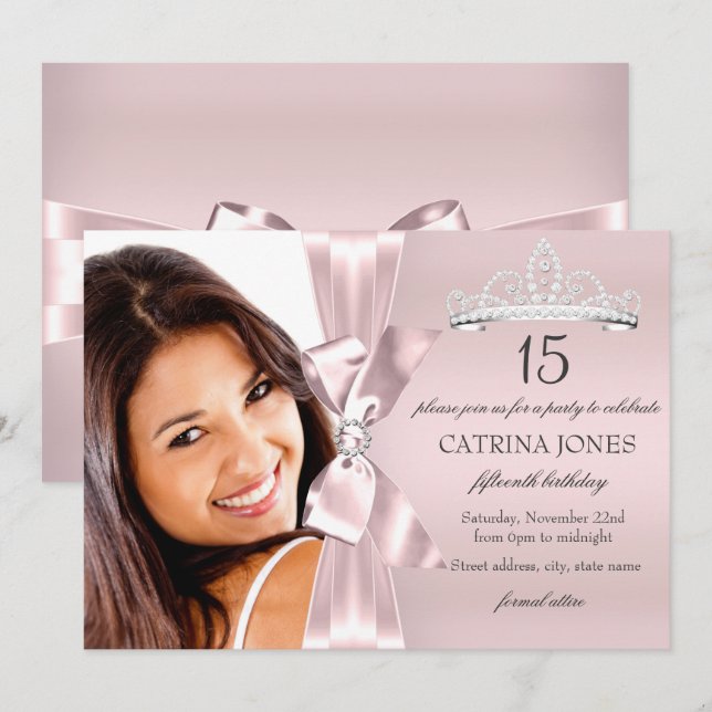 Convite de Quinceanera com Arco de Diamante Prata  (Frente/Verso)