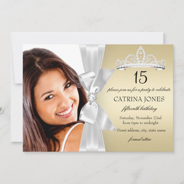 Convite de Quinceanera com Arco e Tiara de Ouro, P (Frente)