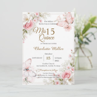 Convite de Quinceanera com Borboletas Rosa Floral