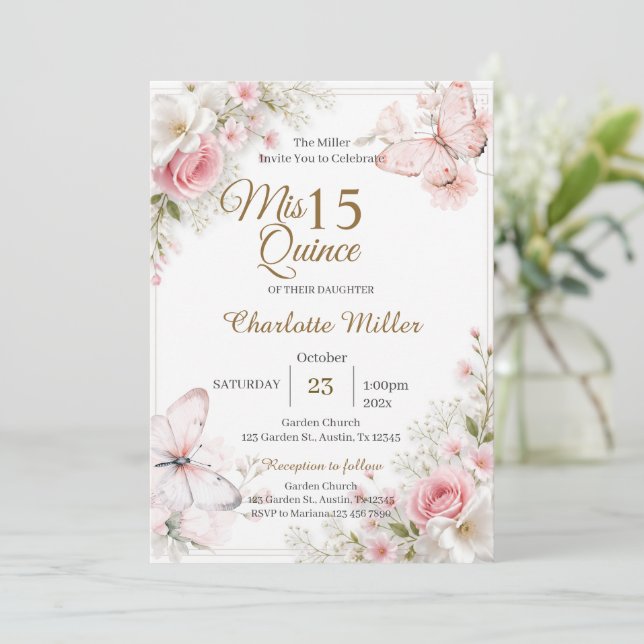 Convite de Quinceanera com Borboletas Rosa Floral (Em pé/Frente)