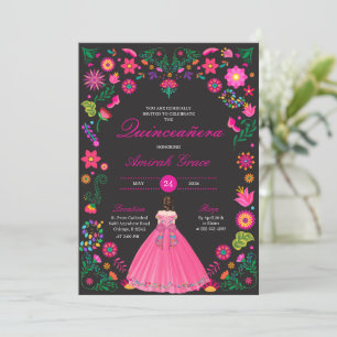 Convite de Quinceañera com Bordado Fúcsia e Preto