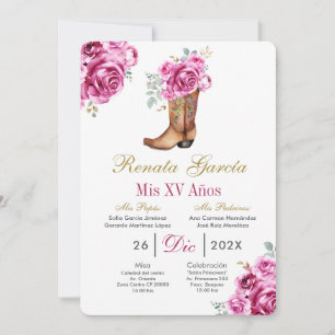 Convite de Quinceañera com bota rosa Pink