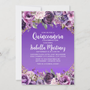 Convite de Quinceañera com Brilho Dourado e Floral