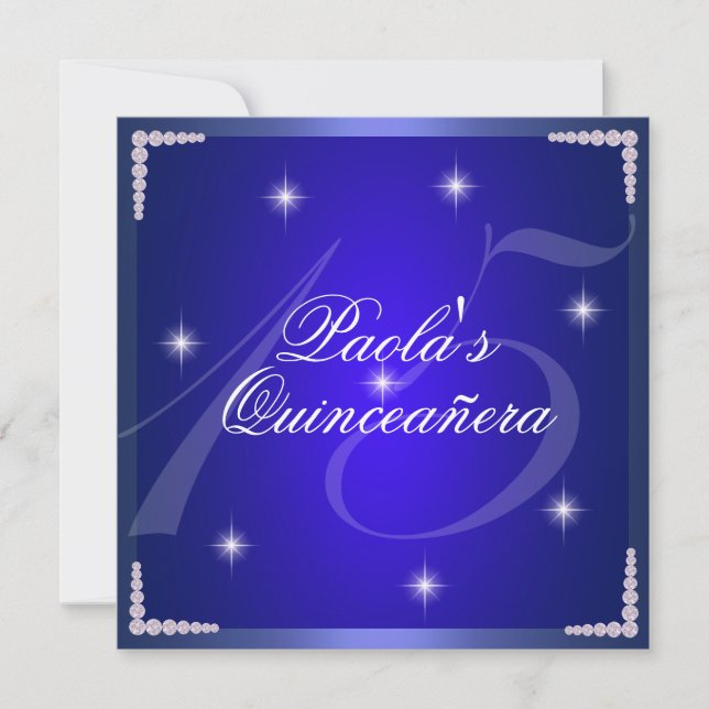 Convite de Quinceañera com Brilhos de Diamante Azu (Frente)