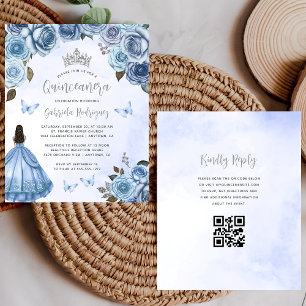 Convite de Quinceañera com Código QR Floral Azul E