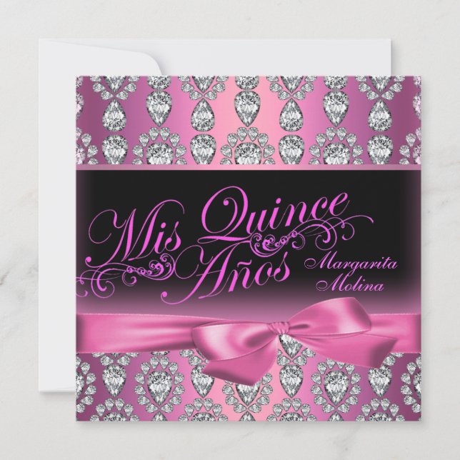Convite de Quinceanera com Diamante Rosa e Arco (Frente)