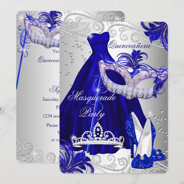 Convite de Quinceanera com Fantasia de Vestido Azu (Frente/Verso)