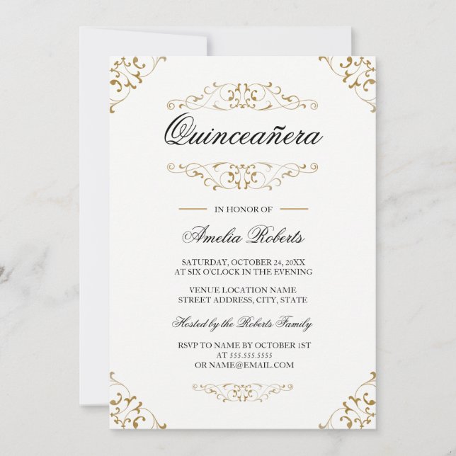 Convite de Quinceanera com Floreio em Ouro Antigo (Frente)