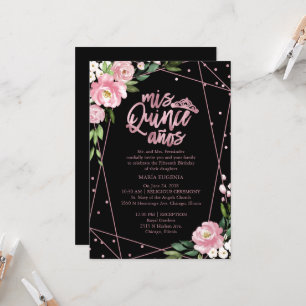 Convite de Quinceanera com Folha Dourada Rosa e Fl