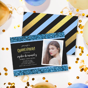 Convite De Quinceanera Com Foto Glitter Azul