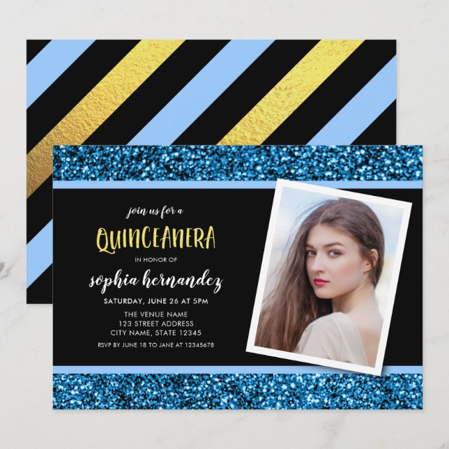 Convite De Quinceanera Com Foto Glitter Azul (Frente/Verso)