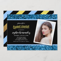 Convite De Quinceanera Com Foto Glitter Azul