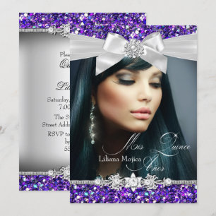 Convite de Quinceanera com Laço de Brilho Prateado