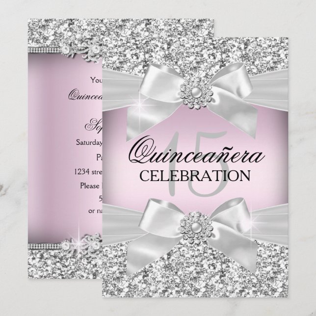 Convite de Quinceanera com Laço de Brilho Rosa e J (Frente/Verso)