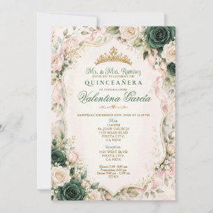 Convite de Quinceañera com Laço Floral Verde Esmer