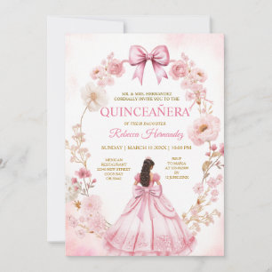 Convite de Quinceañera com Laços de Fita Rosa em A