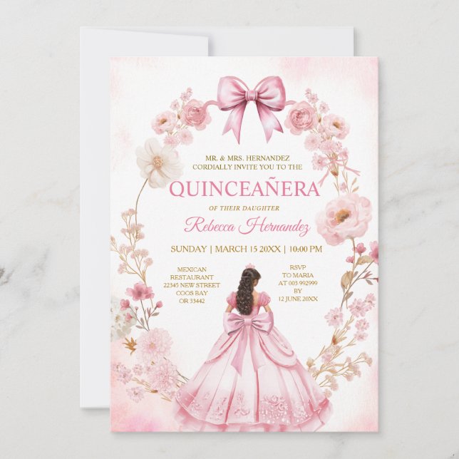 Convite de Quinceañera com Laços de Fita Rosa em A (Frente)