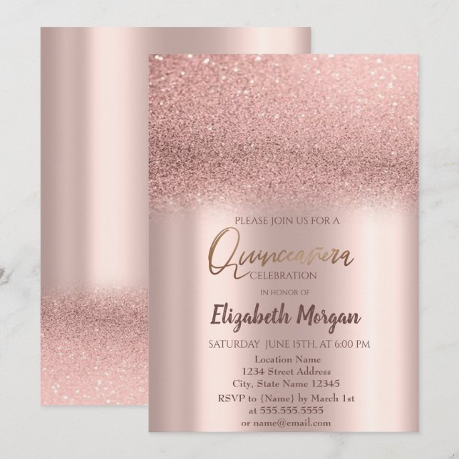 Convite de Quinceañera com Ombre em Dourado Rosado (Frente/Verso)