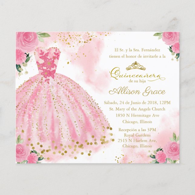 Convite de Quinceanera com Orçamento Spanish Rosa  (Frente)