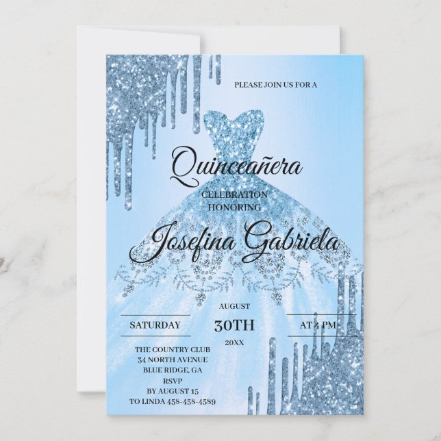 Convite de Quinceañera com Purpurina Azul (Frente)