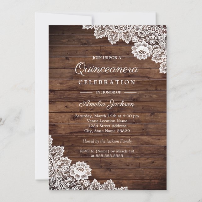 Convite de Quinceanera com Renda de Madeira Rústic (Frente)