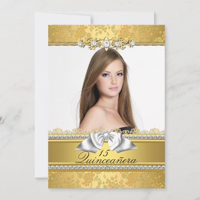 Convite de Quinceanera com Renda Dourada Bonita (Frente)