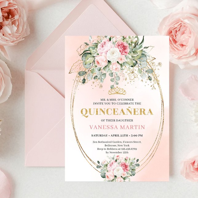 Convite de Quinceañera com Rosas Cor-de-Rosa e Fol (Stylish Blush Roses Greenery Quinceañera Invite

)