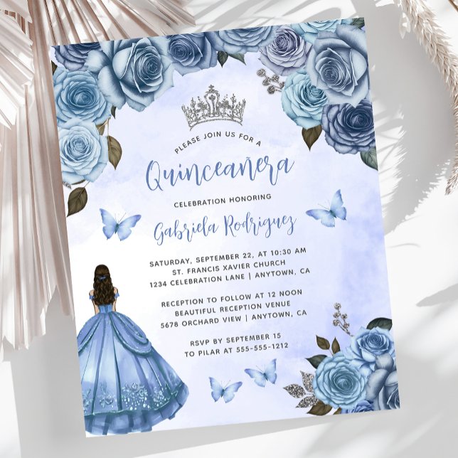 Convite de Quinceañera com Rosas Florais Azuis Eco (Criador carregado)