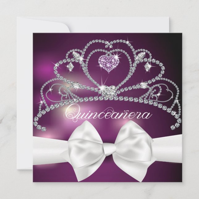 Convite de Quinceañera com Tiara de Diamante e Laç (Frente)
