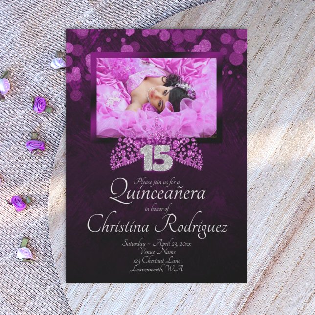 Convite de Quinceanera com Tiara Rosa e Roxo (royal purple quinceanera invitations, silver 15)