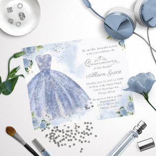 Convite de Quinceanera com Vestido Azul Prata Econ