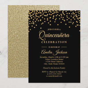 Convite de Quinceanera Confete Brilho Preto Dourad