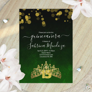 Convite de Quinceanera Coroa de Ouro e Verde Escur