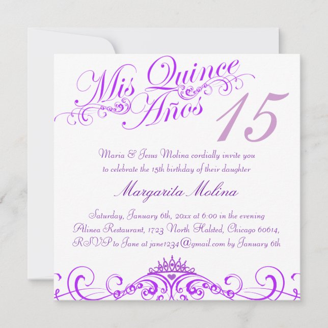 Convite de Quinceanera Coroa de Princesa Roxa (Frente)