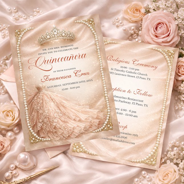 Convite de quinceanera Coroa Real Blush & Pearl Ro (Criador carregado)