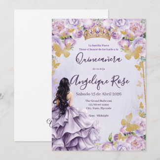 convite de quinceanera da borboleta princesa lilás