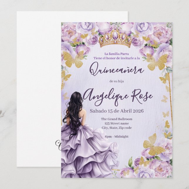 convite de quinceanera da borboleta princesa lilás (Frente/Verso)