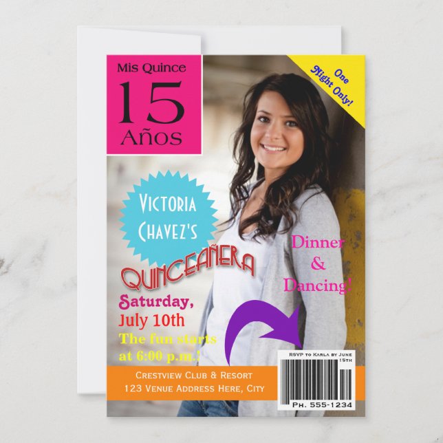 Convite de Quinceanera da capa de revista 15o (Frente)
